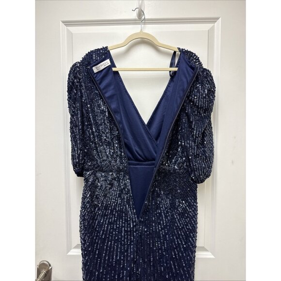 Mac Duggal Size 14 Navy Blue 5578 Sequined Short Sleeve Cocktail Evening Dress - Picture 8 of 11